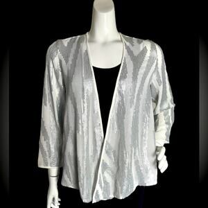 CHICO’S Women White Sheer Silver Beads in Geometric design Light jacket Size 0